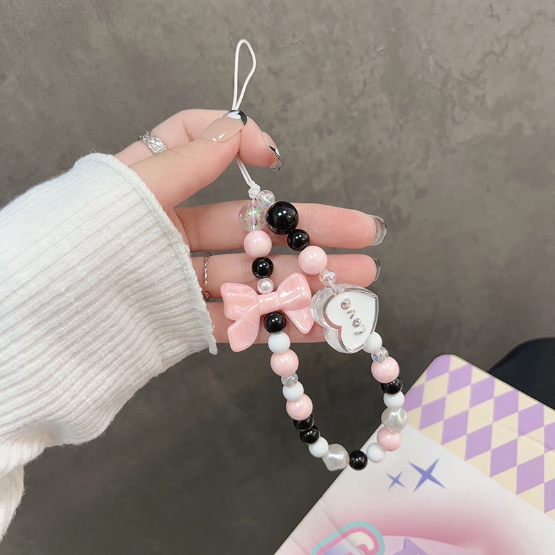 INS Korea Fashion Transparan Love Heart Bow Bracelet Lucu Rantai Manik-manik Gantungan Kunci