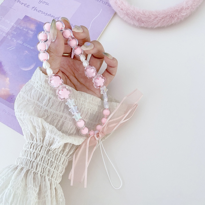 INS Korea Fashion Transparan Love Heart Bow Bracelet Lucu Rantai Manik-manik Gantungan Kunci