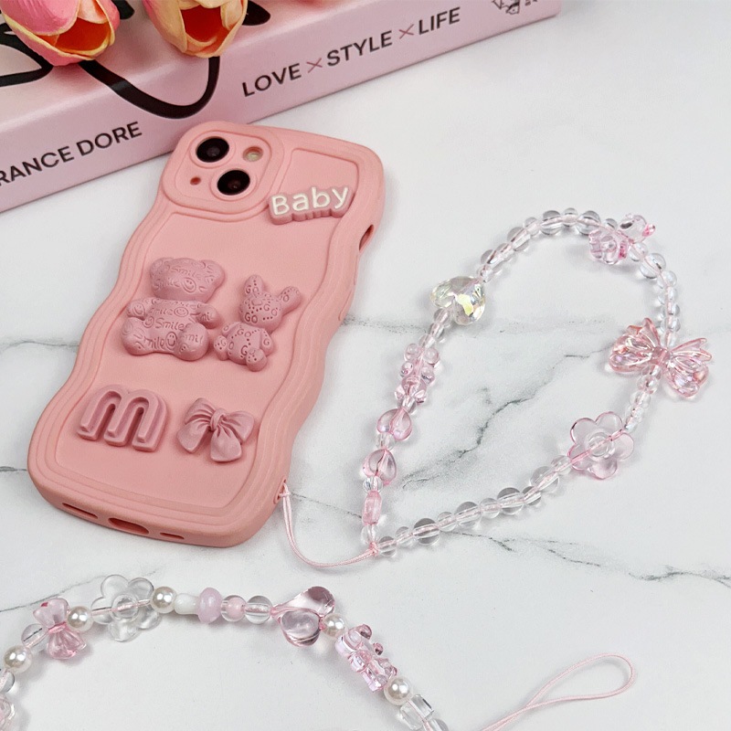 INS Korea Fashion Transparan Love Heart Bow Bracelet Lucu Rantai Manik-manik Gantungan Kunci