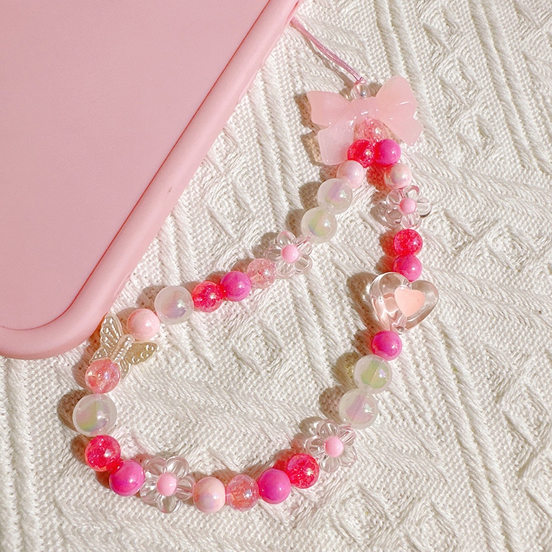 INS Korea Fashion Transparan Love Heart Bow Bracelet Lucu Rantai Manik-manik Gantungan Kunci