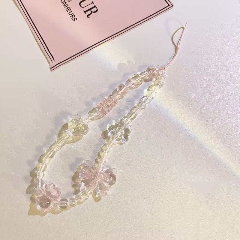 INS Korea Fashion Transparan Love Heart Bow Bracelet Lucu Rantai Manik-manik Gantungan Kunci